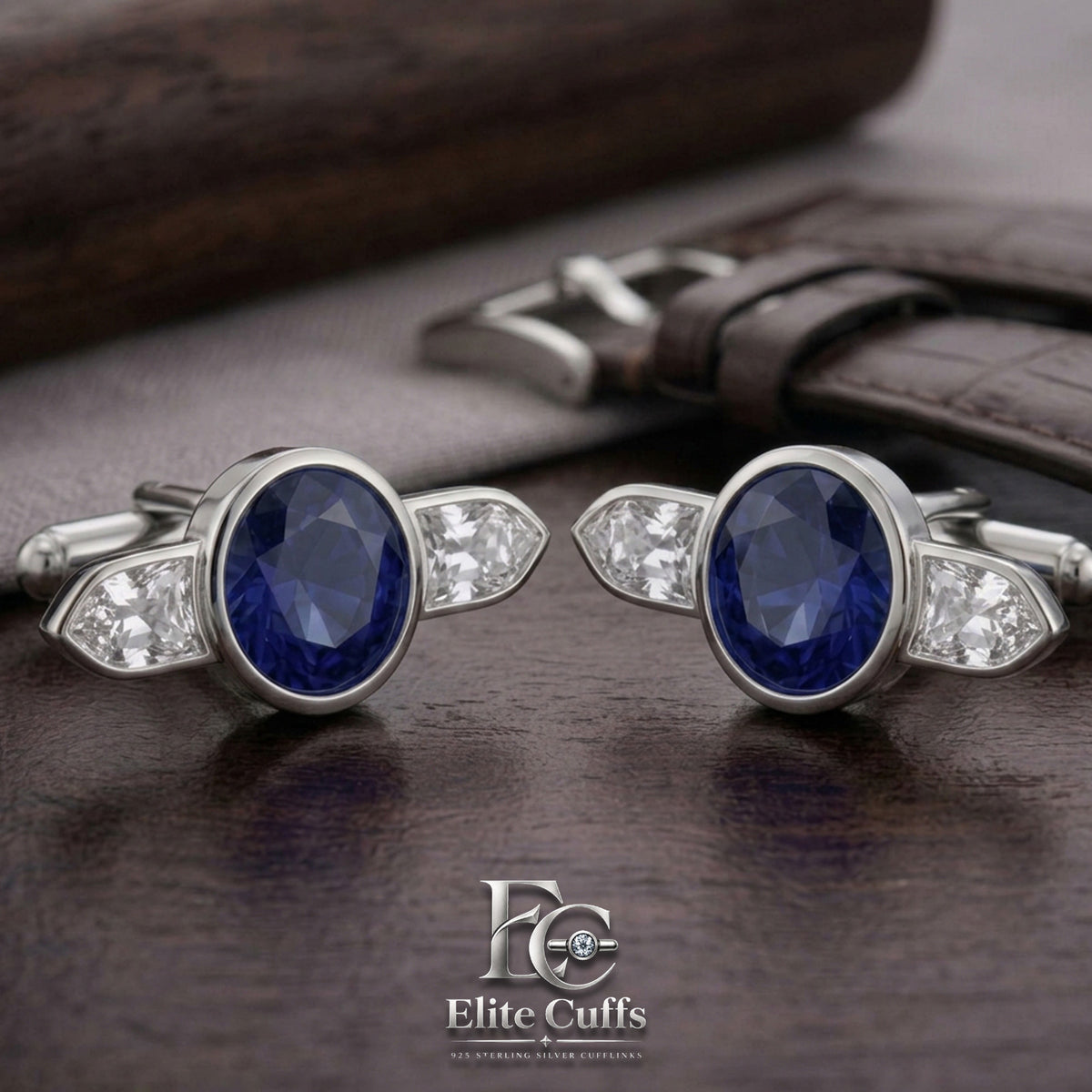 Blue Sapphire and Mosssiante Round Center with East-West Epaulette Cufflinks