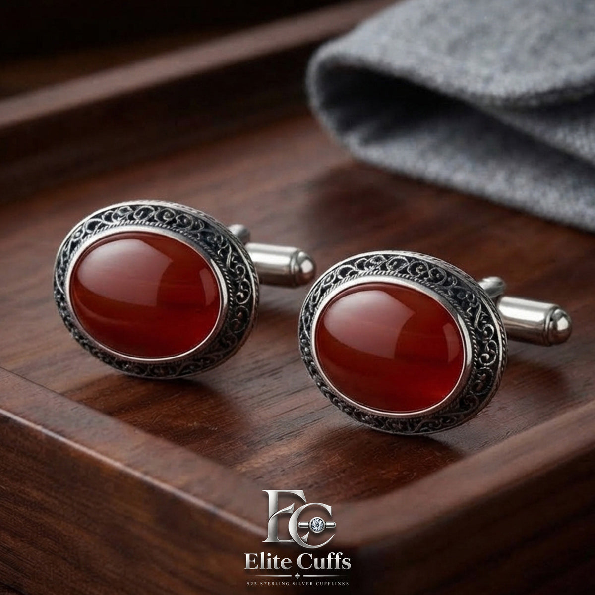 Red Agate Border Stylish Oval Shape Cufflinks