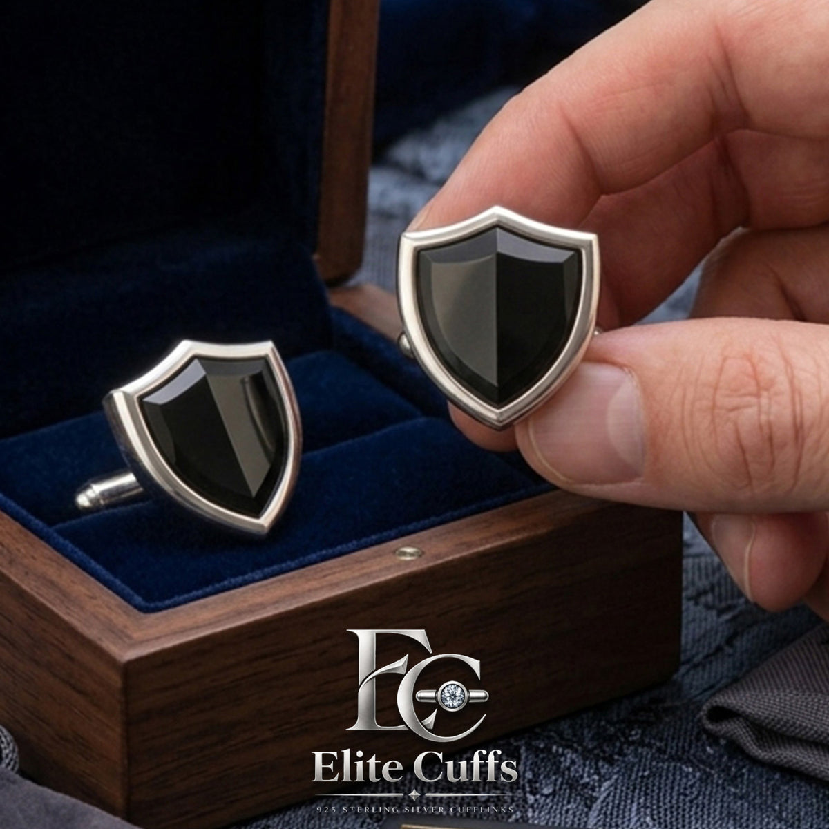 Black Onyx Protection Shield Shape Cufflinks