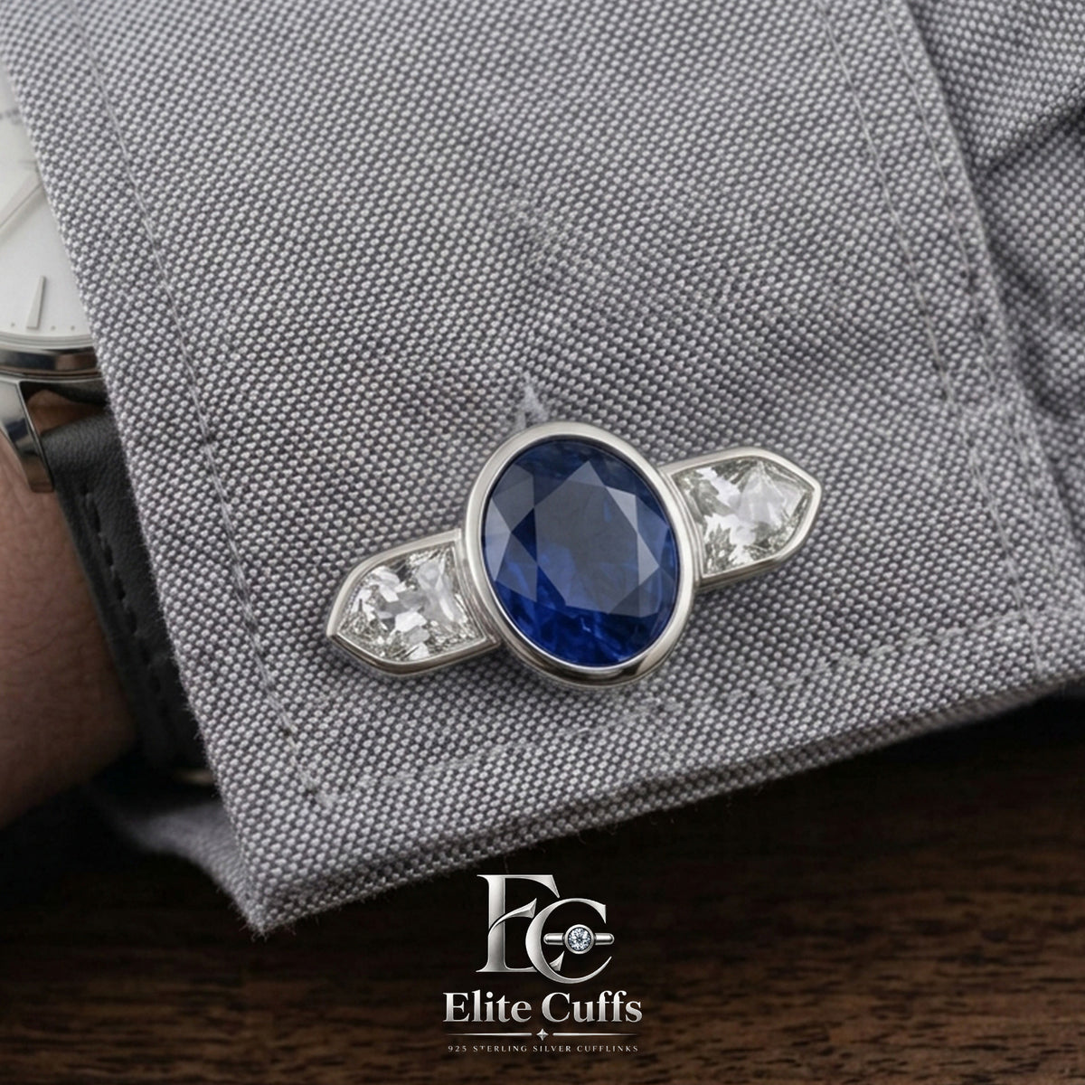 Blue Sapphire and Mosssiante Round Center with East-West Epaulette Cufflinks