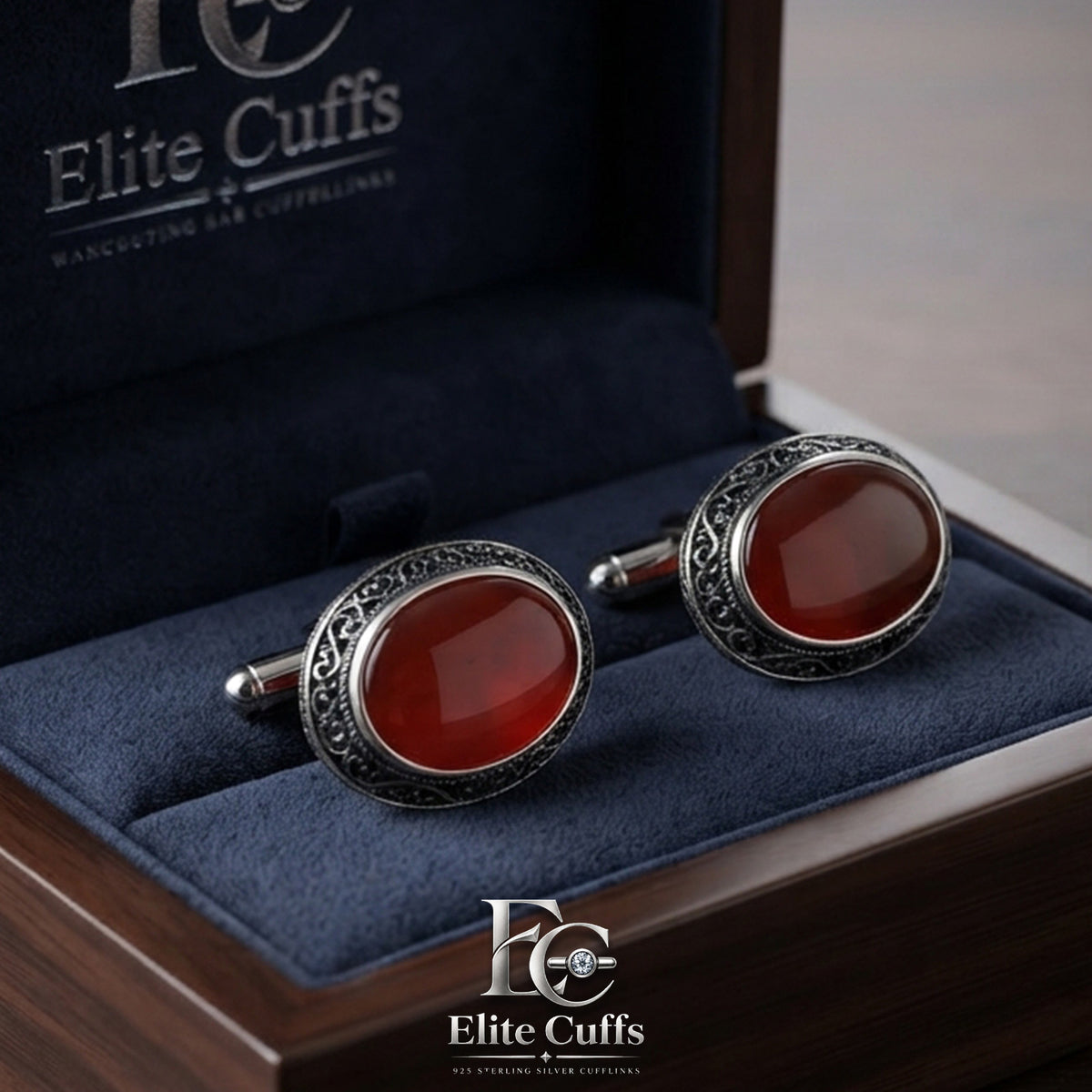 Red Agate Border Stylish Oval Shape Cufflinks