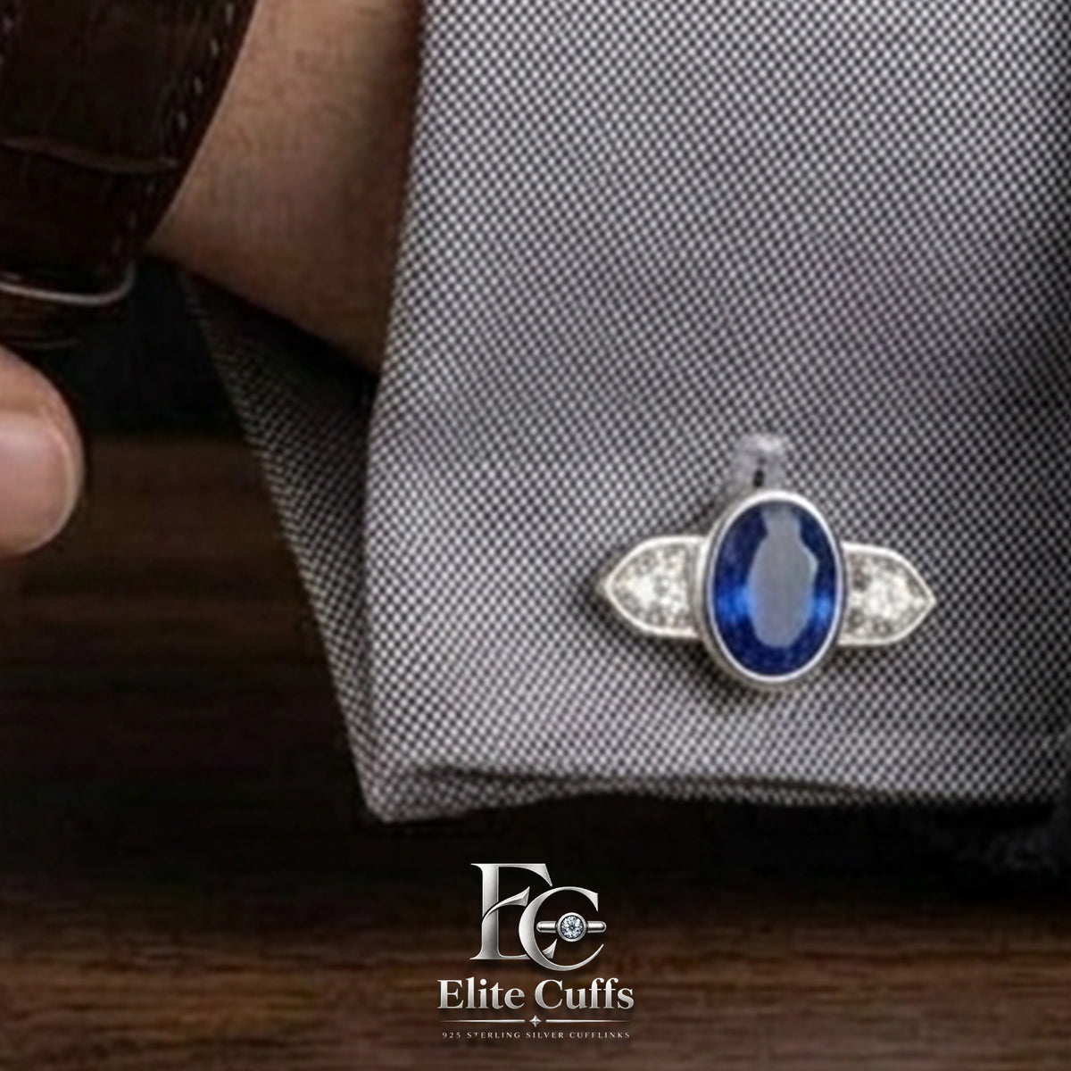 Blue Sapphire and Mosssiante Round Center with East-West Epaulette Cufflinks
