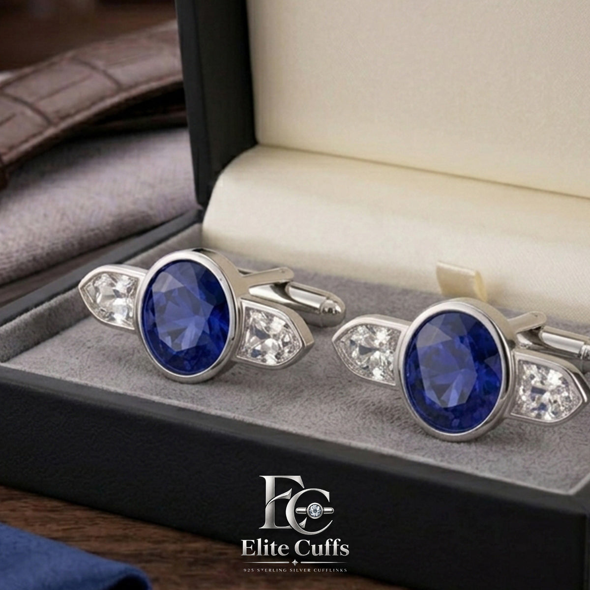 Blue Sapphire and Mosssiante Round Center with East-West Epaulette Cufflinks