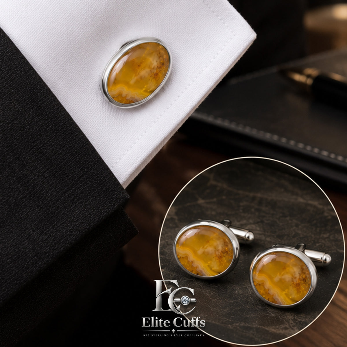Yellow Agate Oval Shape Cufflinks