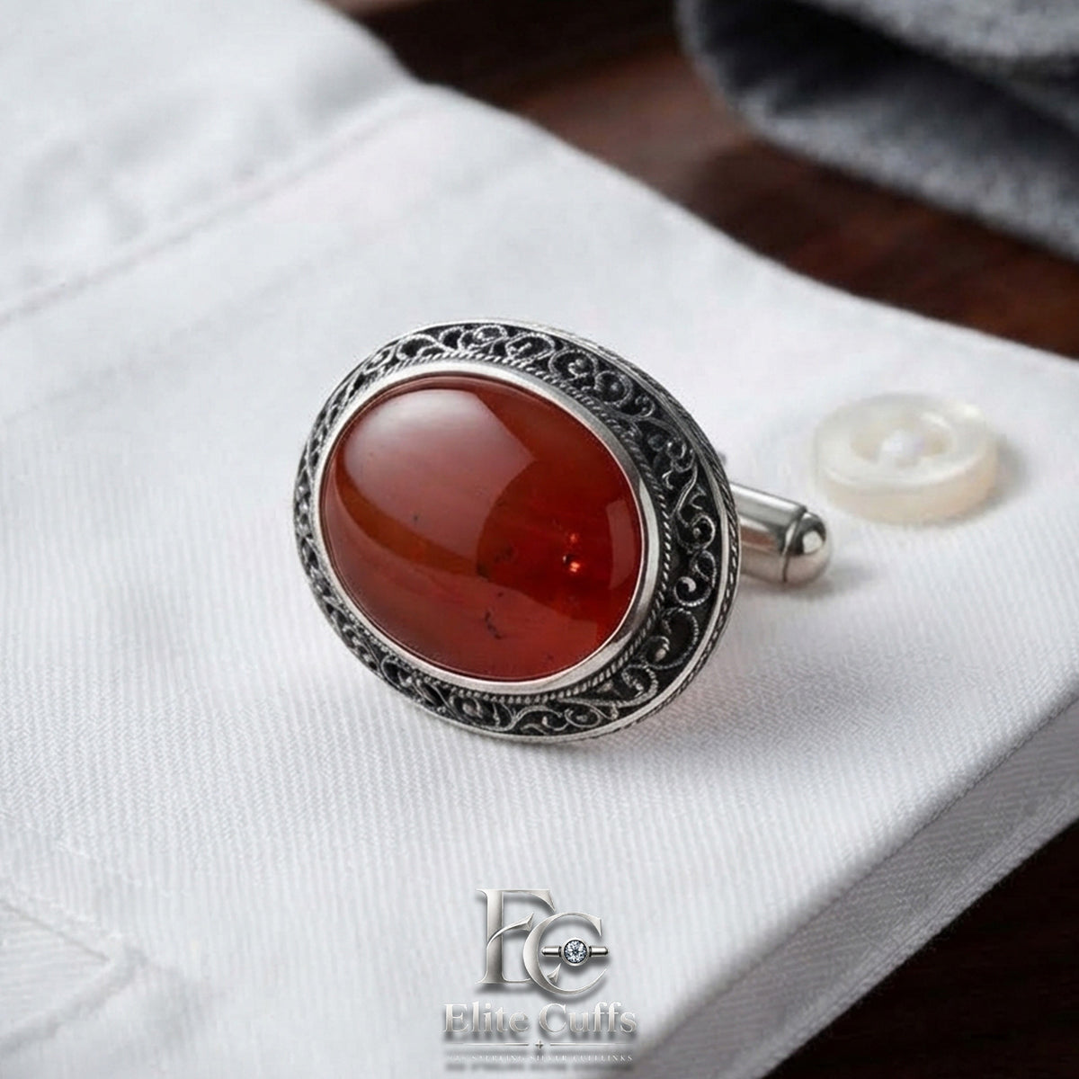 Red Agate Border Stylish Oval Shape Cufflinks